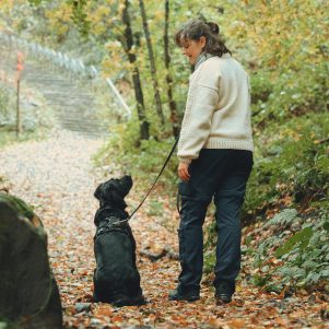 Eine Frau und ihr Hund stehen auf einem Waldweg und schauen sich aufmerksam an.